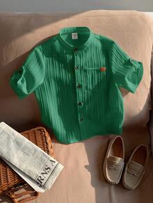 SHEIN 1件男童休闲学院风舒适亚麻立领贴袋百搭衬衫 - 墨綠色 - 查看 3