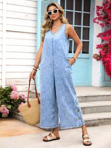 Vivid Eden Washed Sleeveless Denim Jumpsuit With Coconut Shell Buttons - Blue - View 3