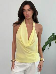 Aloruh 女士性感露背打结垂褶领无袖上衣，简约纯色金属装饰，适合海滩度假 - 淡黃色 - 查看 4