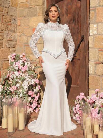 Aureia Plus Size Elegant Luxurious Romantic White Lace Patchwork Elastic Material Asymmetric Collar Beaded Crafted Gigot Sleeve Fitted Mermaid Hem Backless Tie Bridal Wedding Dress
