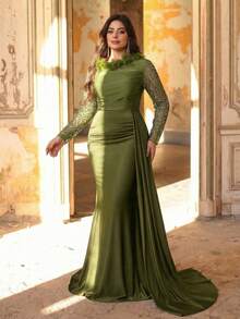 Aureia Robe de soirée élégante et glamour de grande taille, verte, de luxe, avec perles, sequins, manches longues transparentes, plumes et volants, avec une fente style sirène. Convient pour les soirées, les enterrements de vie de garçon/jeune fille, les rendez-vous, les bals de promo, les vacances, les mariages et autres événements. Robe de soirée Top de gamme, idéale pour la Saint-Valentin - Vert - Voir 5