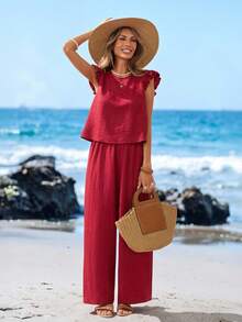 Sylviya 2件套 女士休闲红色短袖纽扣装饰套装，度假装 - 紅色 - 查看 5