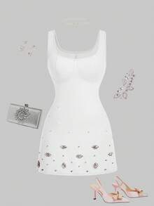 SHEIN MOD Plus Size Women's Rhinestone Embellished Shiny Elegant White Mini Dress, Suitable For Graduation Season, Birthday Party Summer - White - View 1