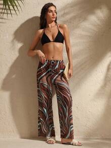 Swim Chiccia 女士新款斑马纹低腰阔腿沙滩罩裤，优雅百搭，适合泳池派对、度假、波西米亚风沙滩、乡村音乐节、西部牛仔风，以及夏季海滩假日。 - 咖啡棕 - 查看 4