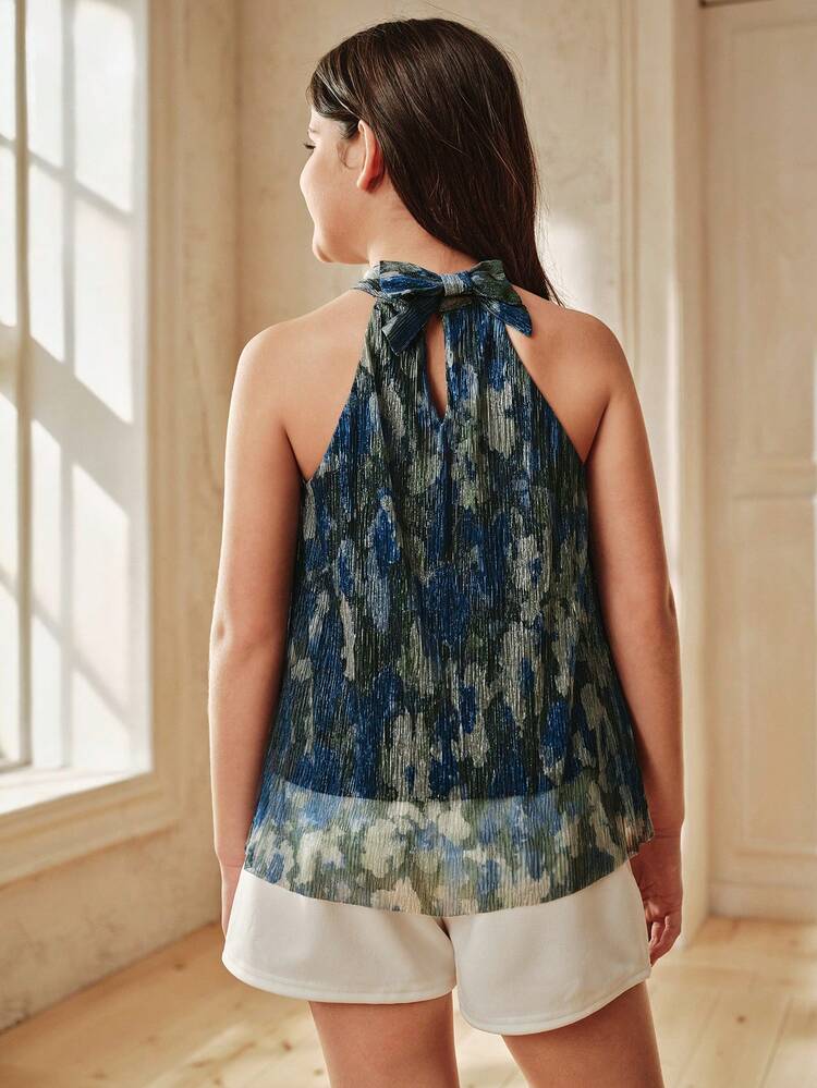 Elegant Pleated Print Halter Neck Blouse For Tween Girlsbowknot Decor, Sweet & Chic Style, Suitable For Party, Family Outing And Photo Shoot