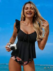 Swim Lushoire 女士夏季荷叶边露脐上衣和高腰热带印花随机款式吊带泳裤两件套泳装，海滩度假休闲装 - 彩色 - 查看 5