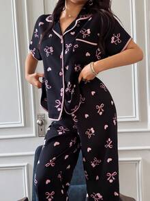 SHEIN Napfluff 2pcs/Set Cute Cherry Blossom Bow Print Ruffle Bubble Cardigan Pajamas For Women - Black - View 6