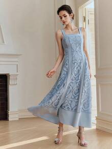 Anewsta 女士优雅吊带连衣裙，撞色蕾丝面料，适合夏季派对和假日场合 - 淺藍色 - 查看 6