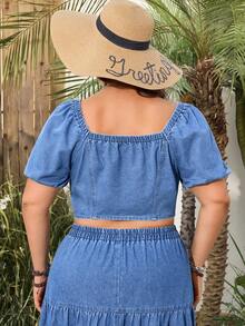 SHEIN LUNE Plus Size Sweetheart Neck Puff Sleeve Short Front Button Fashionable Denim Sexy Top Spring Summer Vacation - Blue - View 2
