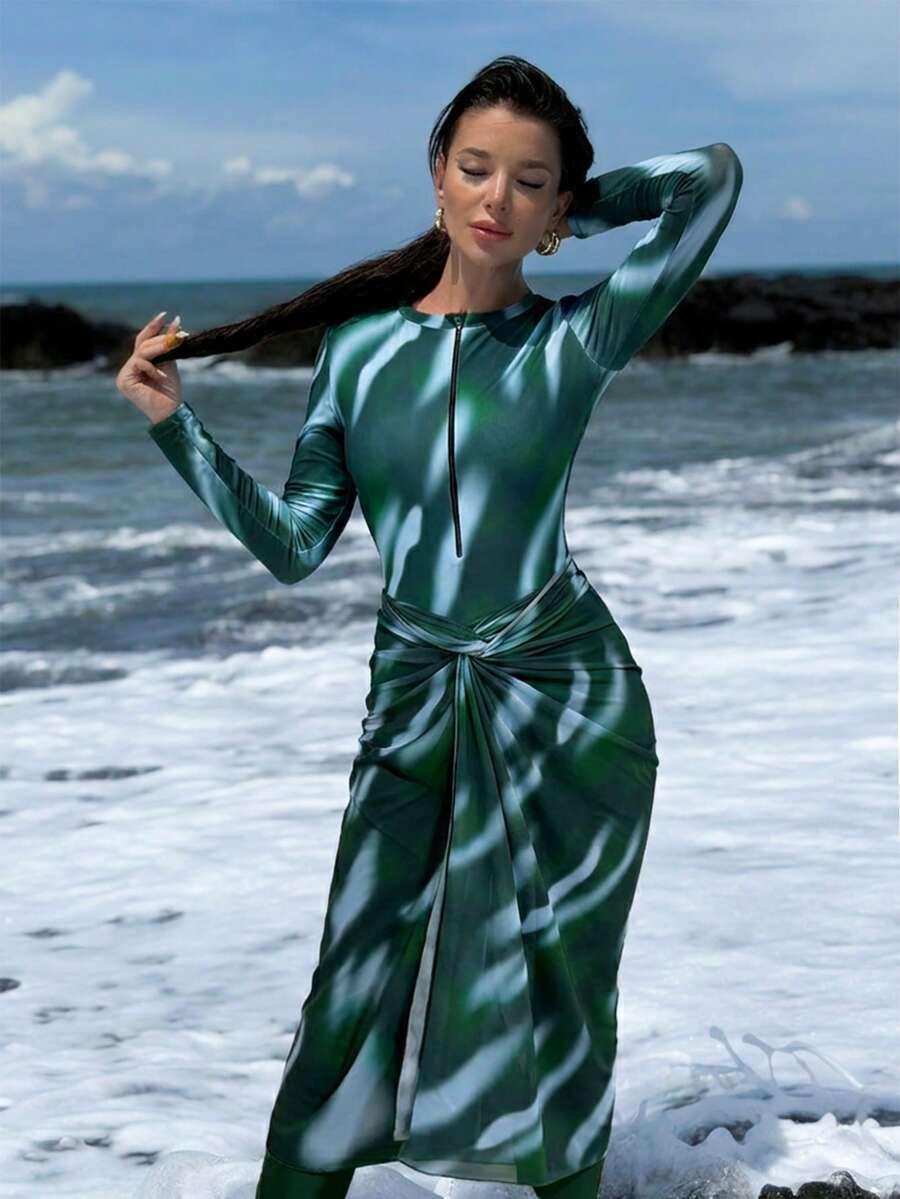 Swim Shayni Women's Tie Dye Green Bohemian Burkini Swimwear 3-Piece Set (Swimwear + Maxi Skirt + Pants), Beach Holiday, Spring/Summer - Green - View 1