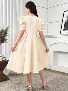 SHEIN 杏色缎面羊腿袖A字型派对晚礼服，适合青少年女孩 - 杏色 - 查看 2