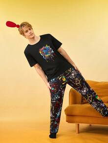 男士印花圆领短袖上衣和裤子睡衣套装 - 黑色 - 查看 4