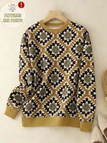 SHEIN LUNE 休闲简约几何提花针织印花圆领宽松女式卫衣，适合秋冬季穿着，休闲百搭。 - 彩色 - 查看 3