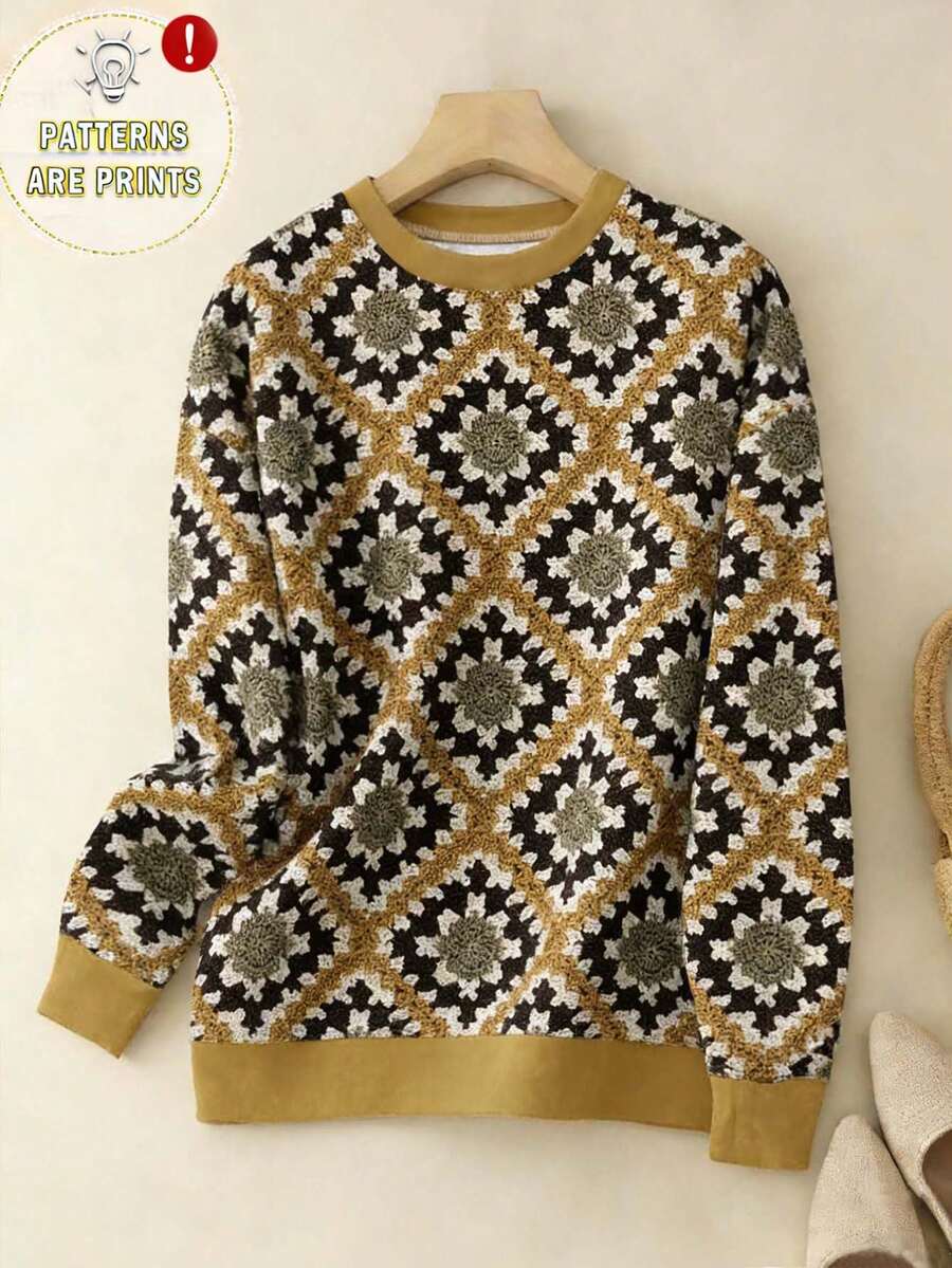 SHEIN LUNE 休闲简约几何提花针织印花圆领宽松女式卫衣，适合秋冬季穿着，休闲百搭。 - 彩色 - 查看 1