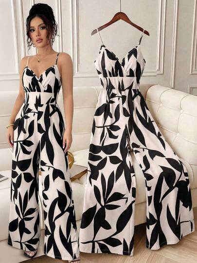 SHEIN PETITE 女士优雅休闲通勤米色复古印花收腰连体裤，春夏款