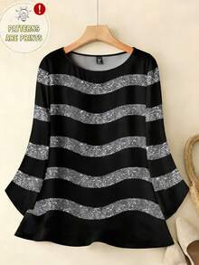 EMERY ROSE Blusa casual de mujer con cuello redondo a rayas, adecuada para otoño/invierno y primavera, casual - Multicolor - Ver 3