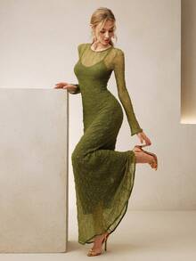 Anewsta 女士优雅高弹蕾丝吊带连衣裙 - 綠色 - 查看 1