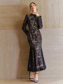 Anewsta 夏季度假轻盈连衣裙，镂空长袖水溶蕾丝性感V领露背修身鱼尾裙摆优雅派对礼服，女士 - 藏蓝色 - 查看 6