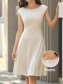 Editum 女士圆领短袖杏色浅卡其色收腰A字珍珠弹力装饰优雅休闲通勤中长连衣裙，春夏款 - 杏色 - 查看 5