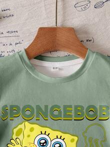 SpongeBob SquarePants | SHEIN Camiseta de manga corta informal con estampado de letras de dibujos animados para niño, verano - Blanco - Ver 5
