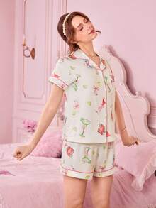 Bonmuse 2pcs Women Summer Lemon Wineglass Print Pajamas Set, Short Sleeve Collared Cardigan Top And Elastic Waist Shorts, Casual Pajamas & Loungewear Set For All Seasonsfor Summer - White - View 5