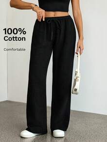 SHEIN Tall Quần ống rộng dáng suông, màu trơn, thắt eo, chất liệu 100% cotton, thích hợp mặc thường ngày, dành cho nữ. - màu đen - Xem 1