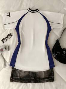 INAWLY Women's Letter Print Casual V-Neck Fitted Raglan Short Sleeve T-Shirt Jersey - Multicolor - View 2