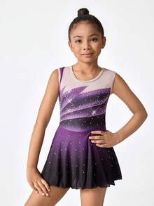 少女体操服，无袖渐变紫色和黑色水钻网纱拼接连体衣，弹力针织面料舒适健身连体裤 - 黑色 - 查看 3