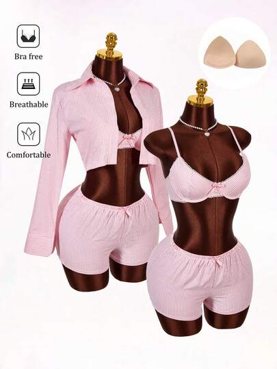 Amplova 3pcs Women Striped Bow Decor Bra, Shorts And Turndown Collar Long Sleeve Cardigan Casual Vacation Outfit Set Spring Outfit Women Valentine Outfits For Women Women Shorts Set 3 Piece Set Women 3 Piece Short Set Beach Vacation Outfits For Women