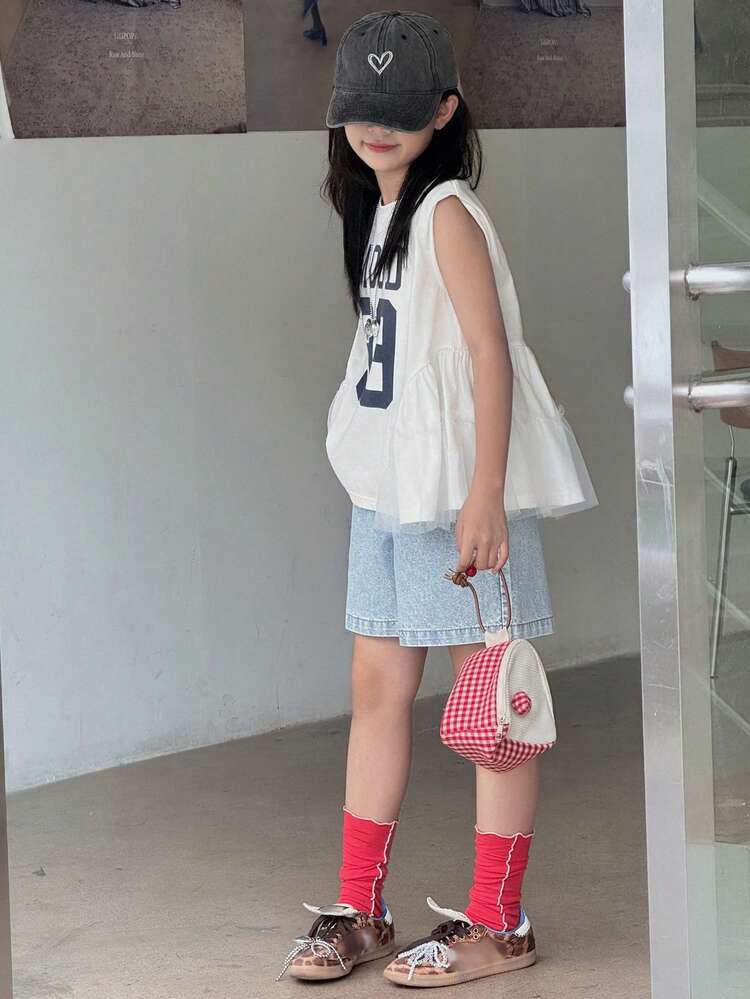 Teen Girls Sleeveless Letter A-Line Hem T-Shirt Summer
