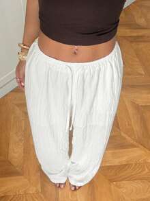 Muchica 白色编织抽绳阔腿休闲家居裤 - 白色 - 查看 6