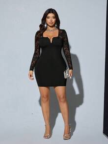 Viva Relle 大码女装春夏性感半透明蕾丝拼接V领收腰长袖连衣裙，休闲/工作两相宜，优雅派对礼服，时尚女装 - 黑色 - 查看 4