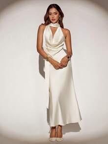 SHEIN ICON Bộ đồ 2 mảnh thanh lịch, gợi cảm dành cho nữ, thích hợp dự tiệc cocktail, gồm áo cổ xếp ly hở lưng và chân váy đuôi cá. - Màu be - Xem 4