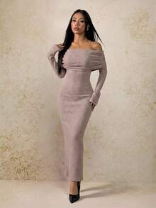 SHEIN PETITE 女士纯色露肩长袖休闲长裙，派对女士服装，新年女士连衣裙，圣诞节女士服装 - 藕粉色 - 查看 5