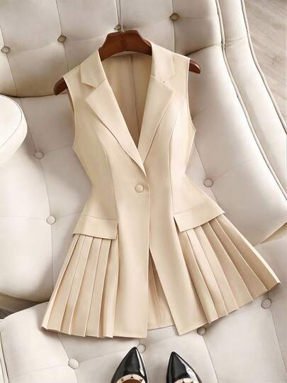 Franclia 大码女式新款时尚优雅V领褶裥A字型西装外套，粉色