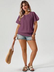 Freevana Maroon Summer Boho Vacation Women's Plus Size Blouse,Ruffled Hem Elastic Waist Short Sleeve Round Neck Pullover Top,Casual Smart Business Tops - Purple - View 3