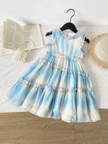 Elladie kids 女童夏季无袖连衣裙，时尚夏季雪纺公主裙，柔和蓝白扎染，褶皱面料，层叠荷叶边下摆，收腰设计，甜美活泼，适合春夏外出穿着 - 彩色 - 查看 3