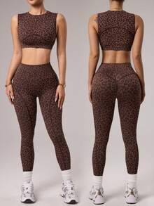 Dewbera Bộ đồ thể thao 2 món dành cho nữ, gồm áo không tay và quần legging lửng, họa tiết da báo, ôm sát, thích hợp cho chạy bộ, tập thể dục, yoga và khiêu vũ. - Cà phê nâu - Xem 1
