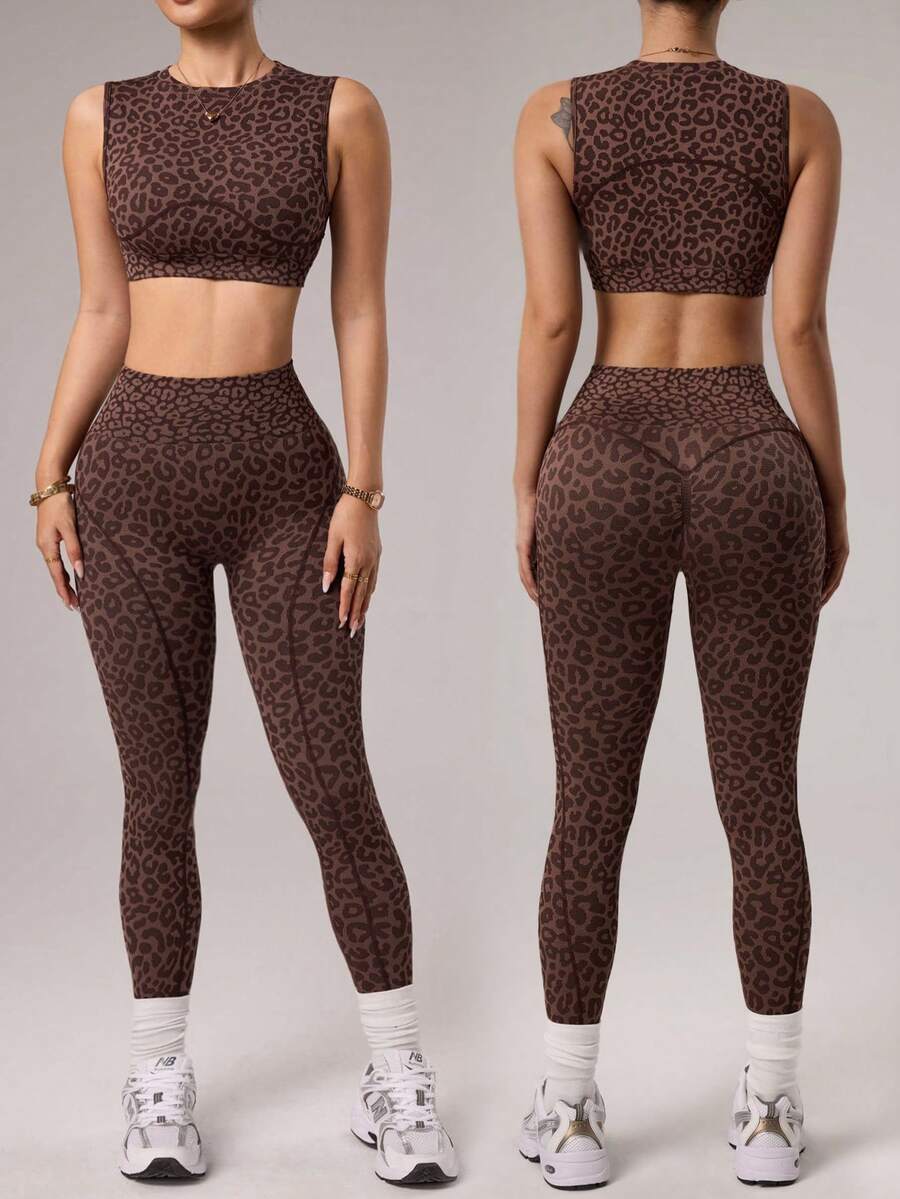 Dewbera Bộ đồ thể thao 2 món dành cho nữ, gồm áo không tay và quần legging lửng, họa tiết da báo, ôm sát, thích hợp cho chạy bộ, tập thể dục, yoga và khiêu vũ. - Cà phê nâu - Xem 1