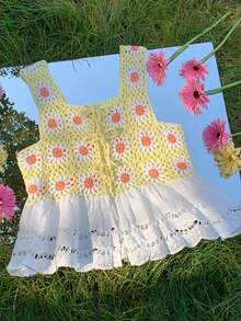 Comfortcana Multi-Color Crochet Floral Patchwork Ruffle Hem Front Tie Knit Vest - Multicolor - View 9