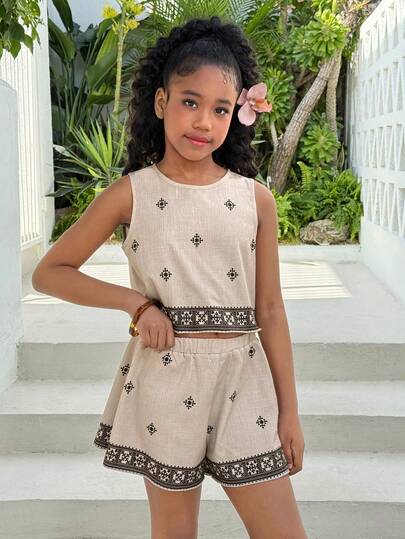 Conjunto de 2 piezas de top de tirantes y shorts con estampado caqui para niñas preadolescentes, moda casual versátil para resort, a juego con hermanas, parque, campamento, fotos familiares, fiestas, uso diario casual