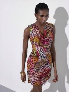 Aveloria Modichic 女士彩色抽象几何撞色印花露背无袖连衣裙，适合夏季度假、休闲、海滩、野餐、派对、休闲场合 - 彩色 - 查看 5