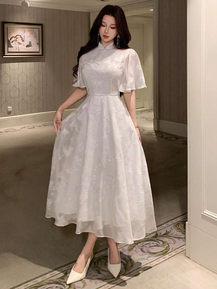 Women's Elegant Floral Print Stand Collar Ruffle Sleeve Mid-Length Dress, Summer,Wedding Guest Dress Women Sundress