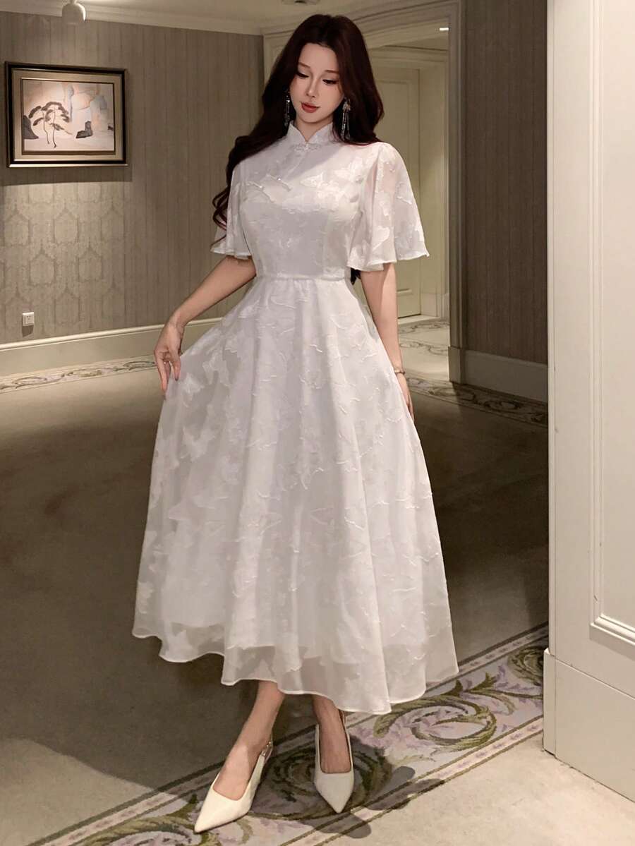 DAZY 女士优雅印花立领荷叶袖中长连衣裙，夏季 - 米色 - 查看 1