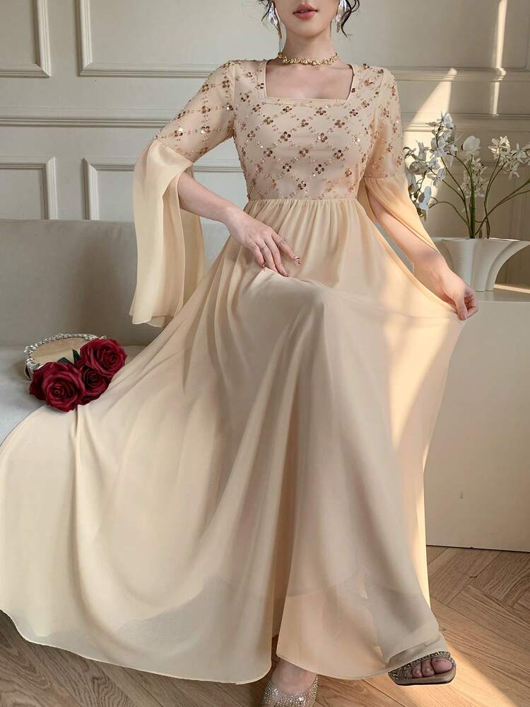 Spring & Summer Sequin Shiny Valentine's Day, Wedding, Banquet, Ball Gown, Fashion Party, Elegant Commute Flare Sleeve, Ruffle Hem, Waist Cinched, Mesh Patchwork Long Sleeve Midi Dress For Women Sundress