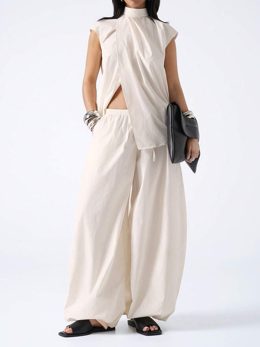 LYSMO 2026 New Arrive Minimalism Spring/Summer Women's Solid Color Stand Collar Asymmetric Hem Top And Wide Leg Pants With Slant Pockets 2 Pieces Set - Beige - View 1