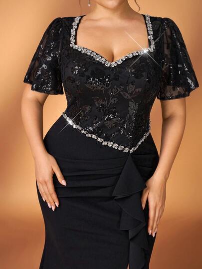 Serin Plus Size Elegant Luxurious Lotus Pink Beaded Embroidered Deep V-Neck Asymmetric Ruffle Hem Fitted Mermaid Formal Dress, Suitable For Evening Party, Wedding, Gala, Vacation, Mother Of The Bride Dress