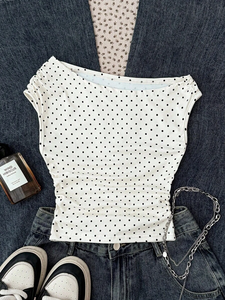 SHEIN Tween Girls Knit Casual Minimalist Polka Dot Print Asymmetric Ruched Cropped Top, Suitable For Spring/Summer, Casual, Personalized Styling, Daily Wear - Apricot - View 1