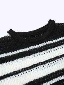 Manfinity LEGND 男士条纹圆领短袖休闲镂空针织上衣 - 黑色 - 查看 7