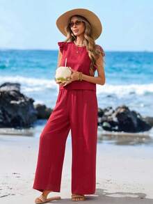 Sylviya 2件套 女士休闲红色短袖纽扣装饰套装，度假装 - 紅色 - 查看 6